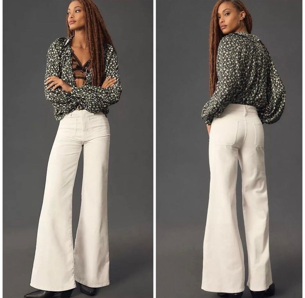 MOTHER The Patch Pocket Roller Skimp Corduroy Pants Chalk Retro Wide Leg Size 26